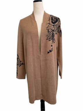 Chico's Camel Open-Front Cardigan with Black Floral Embroidery